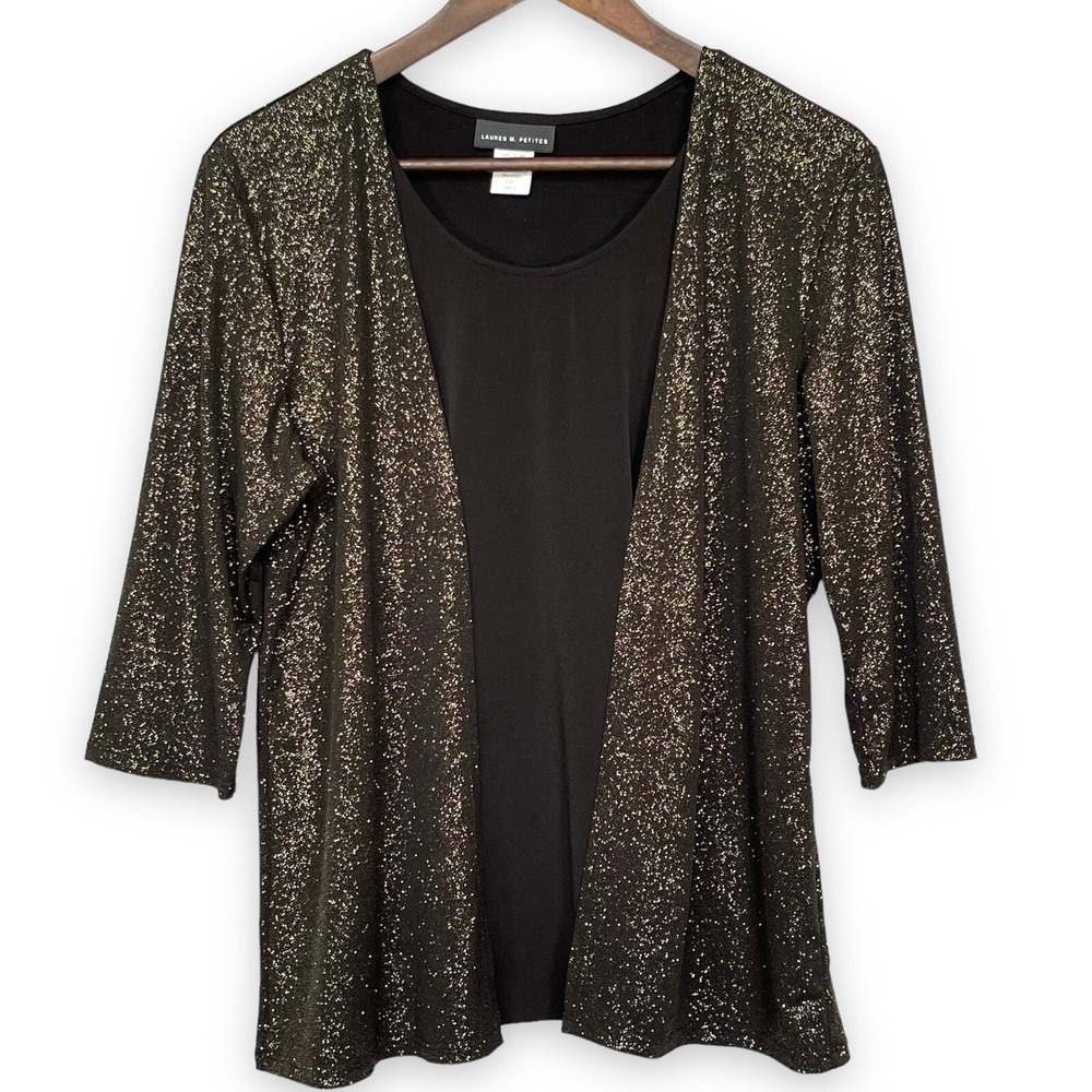 Lauren M Petites Womens Black Gold Glitter 2-in-1 Layered Top PL New K287WT